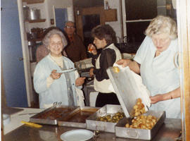 Anne Shergold, Penny Danniels and Theresa Dora Townsend in school kitchen