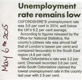 May 6th 2015 Oxfordshire's unemployment at 3.6 percent