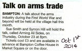 Witney Gazette October 1st 2014. Talks on the arms trade entitled 'Arming All Sides' will take pl...