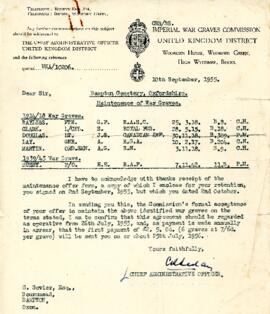 Maintenance of the War Graves in Bampton by G Govier from Bournemead, Clanfield Rd