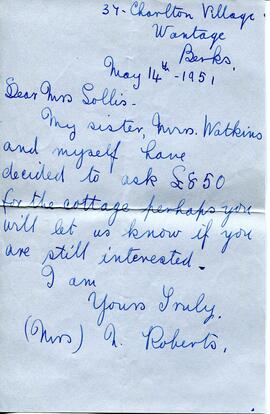 1951 Letter from a Mrs Roberts in Wantage to Mrs Sollis. It looks as if Mrs Sollis has shown inte...