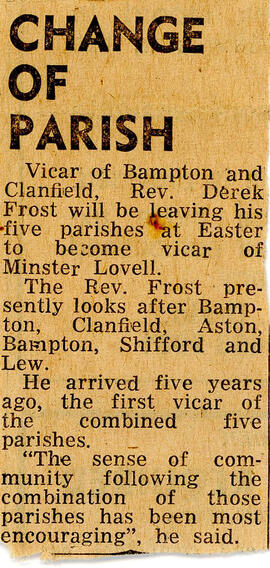 Jan 30Th 1981. Rev Derek Frost Leaving To Go To Minster Lovell