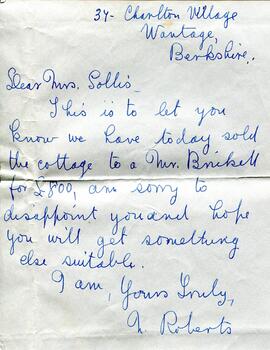 Letter from a Mrs Roberts in Wantage, Berkshire to Mrs Sollis. It looks as if Mrs Sollis has show...