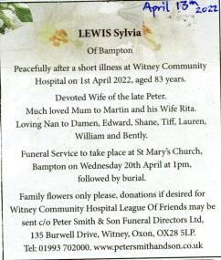 Sylvia Lewis funeral service