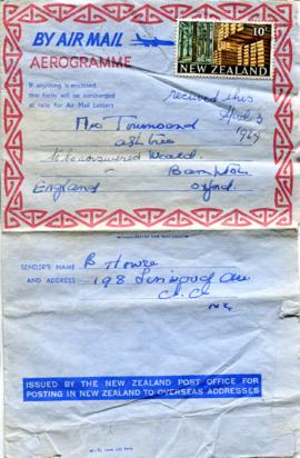 Airmail letter to Mrs Townsend from B Howse in New Zealand