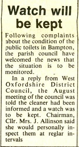Parish council to monitor condition of toilets in Town Hall. West Oxon Standard Aug 29th 1986