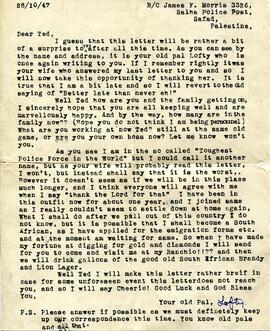 Letter to Ted Eley from friend Lofty in Salha Police post, Palestine 28.10.1947