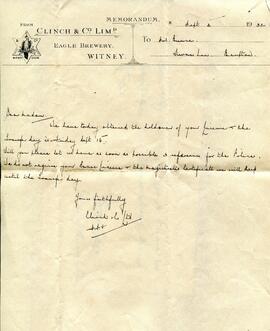 Letter dated September 2nd 1932 from Clinch & Co Ltd brewery to Mrs Bunce at The Swan Inn, Bu...