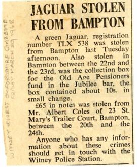 Witney & West Oxon Gazette Mar 29Th 1968. Jaguar Stolen & Collection Box From The Jubilee...
