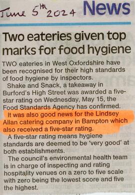 Two eateries given top marks for Food Hygiene