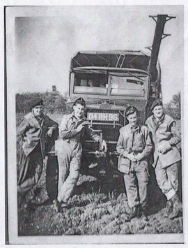 RAF Bampton Castle. L to R. Busby, Driver Flett , John Winn, Taffy Shaw,