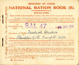 Frederick Hudson's ration book., Plantation Cottages. Franks's grandfather, William's father