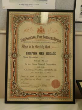 Certificates of wins by Bampton Fire Brigade in 1905, 1912 and 1921