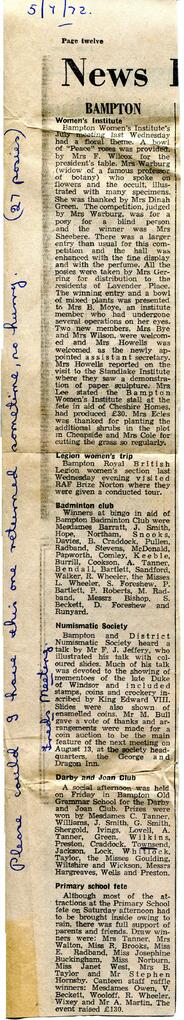 Newspaper reports of several club in Bampton 1972