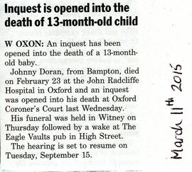 An inquest into the death of an 13 month old baby from Bampton, Jonny Doran