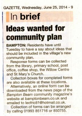 Witney Gazette June 25th 2015. Ideas are wanted for a Community Plan.