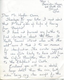 Letter to Lloyd Hughes-Owens re a coin