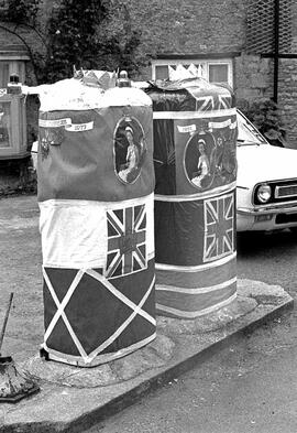 Hughes Garage petrol pumps decorated for the Silver Jubilee 1977