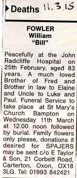 Witney Gazette March 3rd 2015. William 'Bill' Fowler death