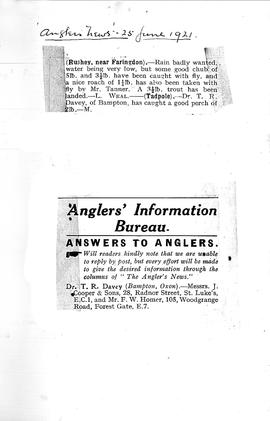 Newspaper cutting 'Anglers News' June 1921
