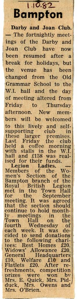 Oct 1St 1982 Darby & Joan Meetings Resume, Women'S Section Rbl Met