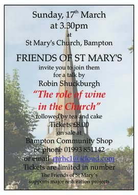 The role of wine in the church.  Poster for FOSM talk by Robin Shuckburgh