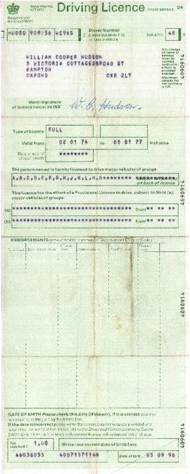 William Hudson's Driving Licence